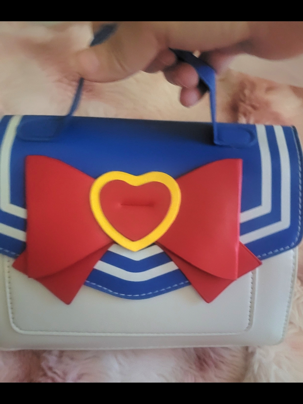 Cute Salior  Kawaii Blue & White Top-Handle Crossbody Bag with Red Heart Accent